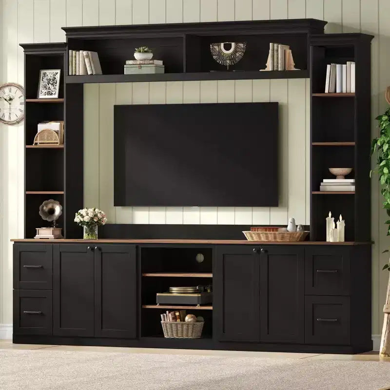 ModernLuxe 4-in-1-Farmhouse-Entertainment-Center als Wandeinheit, passend für Fernseher bis 70, TV-Ständer und Medienkonsole mit verstellbaren Regalen und Schubladen