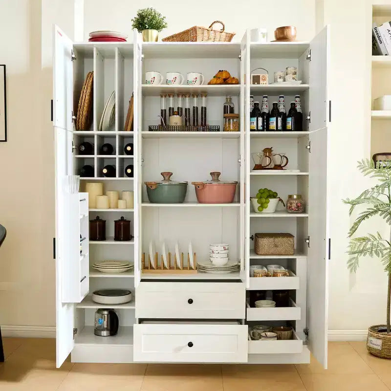 Garde-manger de cuisine autoportant Whisen de 180 cm de hauteur, grande armoire de rangement pour salle à manger avec 6 portes et étagères réglables