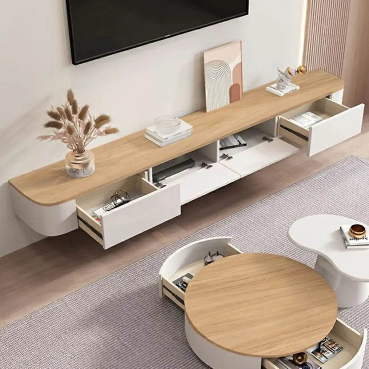 Moderner langer weißer schwebender TV-Schrank aus Holz mit Schubladen