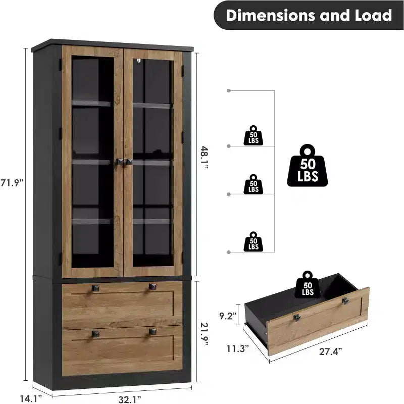 Armoire de rangement de cuisine style champêtre avec portes vitrées, meuble de rangement de 72 pouces avec tiroirs et étagères réglables pour la salle à manger, la salle de bains ou le salon