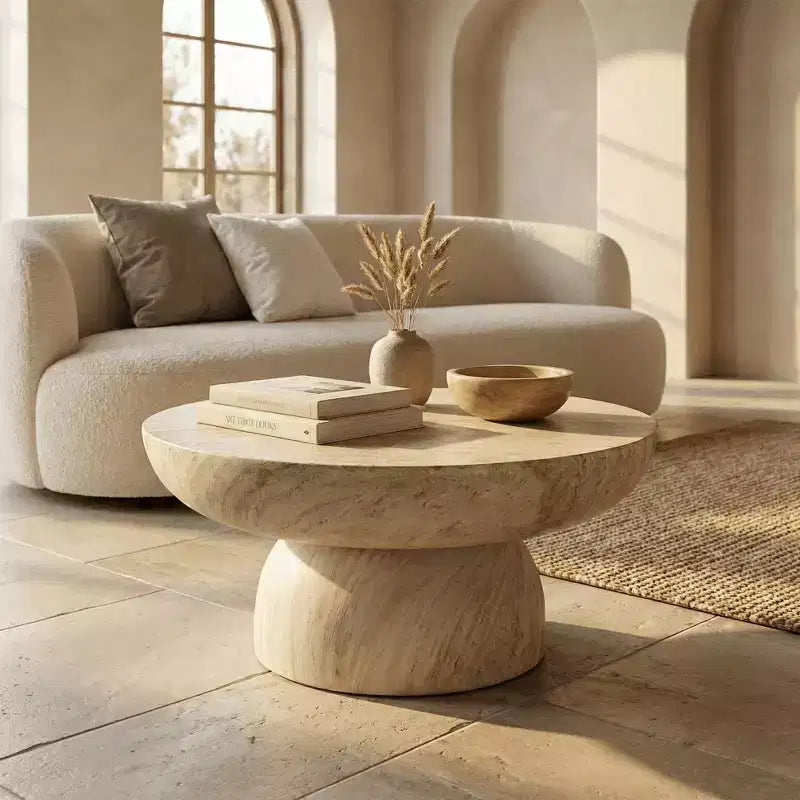 Mesa de centro redonda con pedestal de piedra de fibra, mesa decorativa esculpida para interiores y exteriores con almohadillas antideslizantes