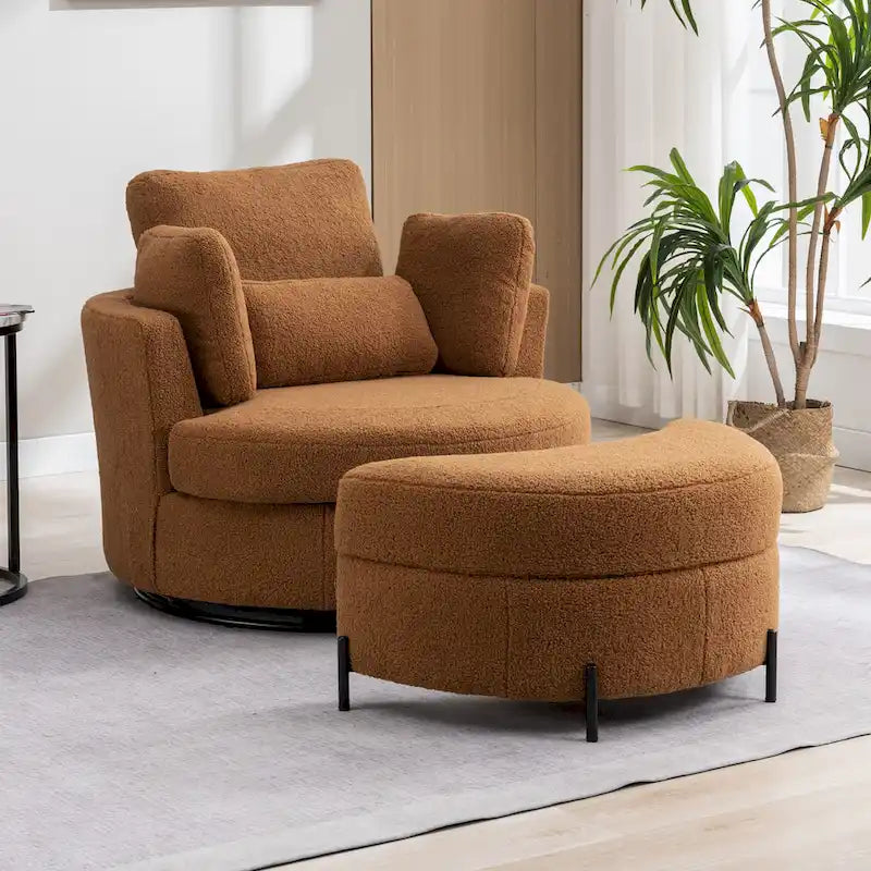 Fauteuil d’appoint pivotant rembourré de 42,3W avec 4 coussins et pouf de rangement demi-lune