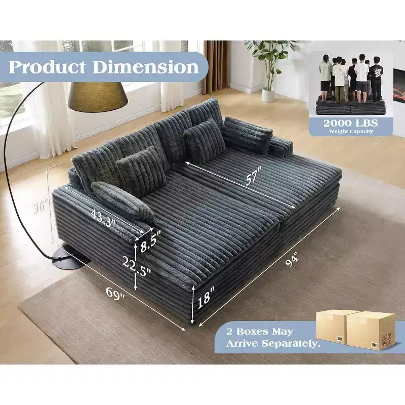 AMERLIFE 93 dubbele chaise longue voor twee personen, diepe cloudbank met lendenkussens en brede armleuningen, eenvoudig te monteren, imitatiebont