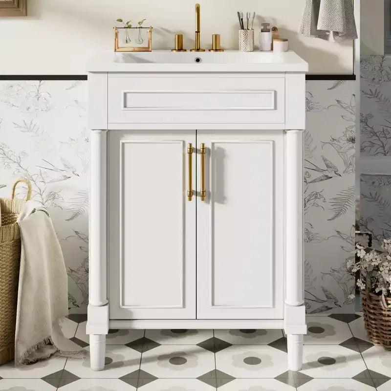 Badkamermeubel van 24 inch met keramische wastafel, Shaker-kast, 2 softclose-deuren en massief houten frame voor een kleine badkamer of toiletruimte
