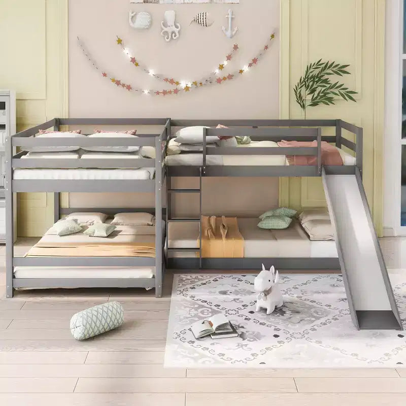 L-förmiges Etagenbett für 4 Kinder, Etagenbett für vier Personen mit Rutsche, Full- und Twin-Holzrahmen für Schlafzimmer oder Wohnheim