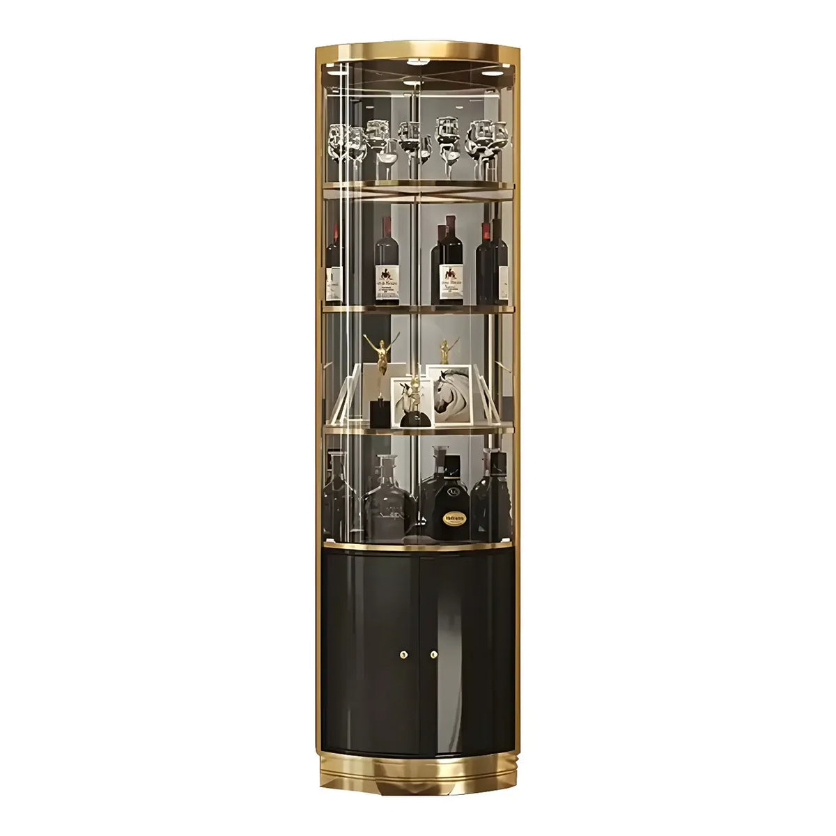 Glamouröser, glänzender Vitrinenschrank aus Glas und goldfarbenem Metall mit abgerundeter Ecke