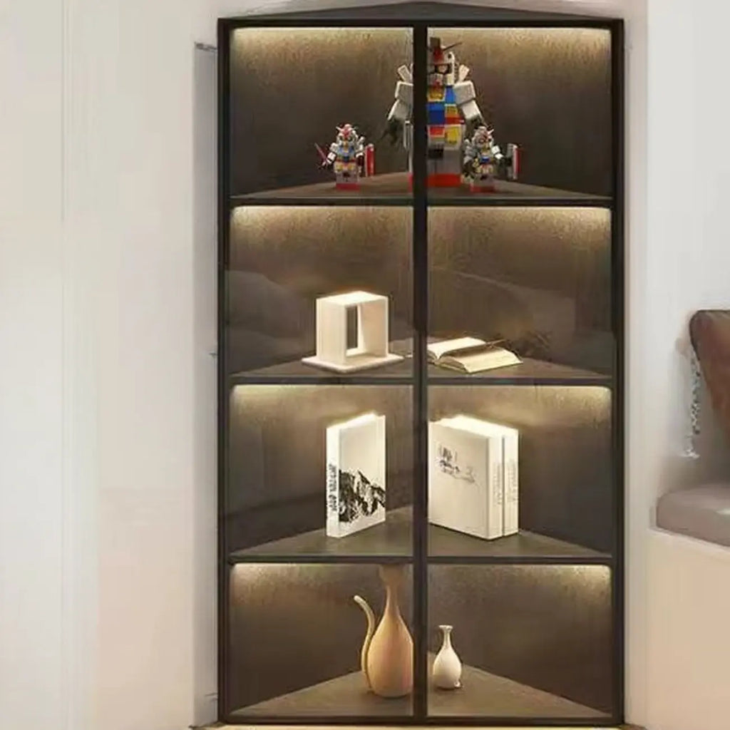 Moderner grauer Eckvitrinenschrank aus Metall und Holz mit Glastür