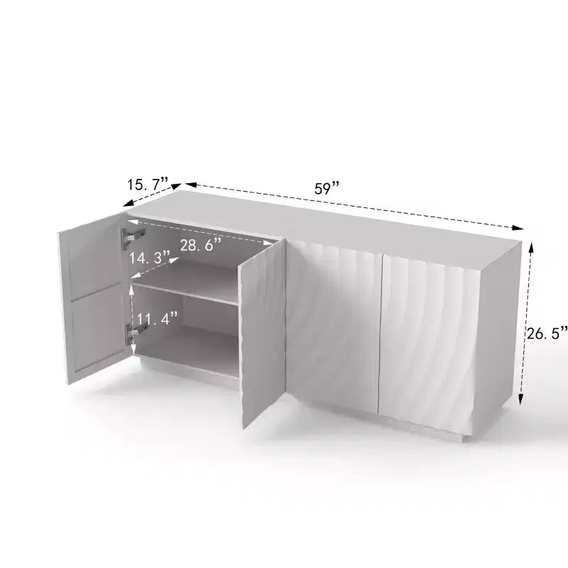 59 moderner Spiralen-Sideboard-Schrank, niedriges dekoratives Aufbewahrungsmöbel für den Eingangsbereich mit Türen in 3D-Wellenoptik