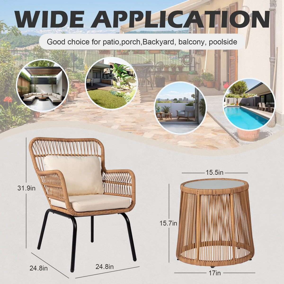 Ensemble bistro de conversation extérieur en osier de 3 pièces, mobilier de patio en rotin toutes saisons avec coussins