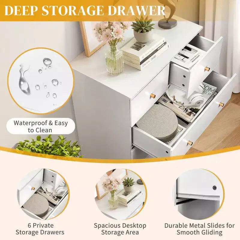 Cómoda grande Karl Home de 6 cajones para dormitorio y cajonera con construcción resistente, organizador de almacenamiento de madera para armario, blanca