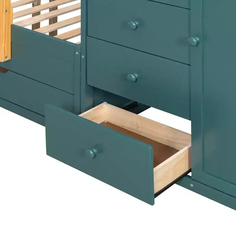 Stapelbed met twee volledige bedden, opbergkast en laden, houten ruimtebesparend stapelbed van volledig formaat met veiligheidshekje voor appartement of slaapkamer