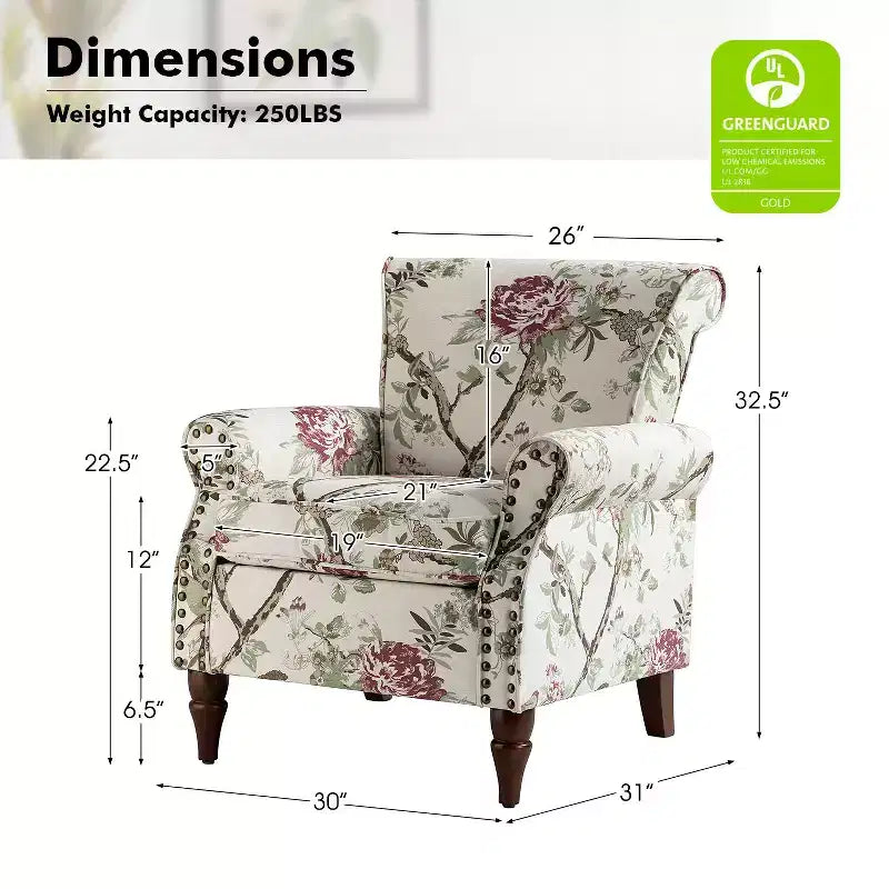 Sillón floral tradicional Araceli con estructura de madera, tapizado, respaldo alto con alas y acabado de tachuelas| ART OF LIVING DESIGNS