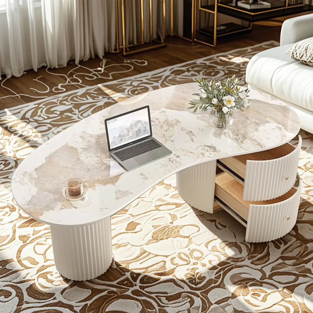 Table basse ovale blanche standard minimaliste avec 2 tiroirs