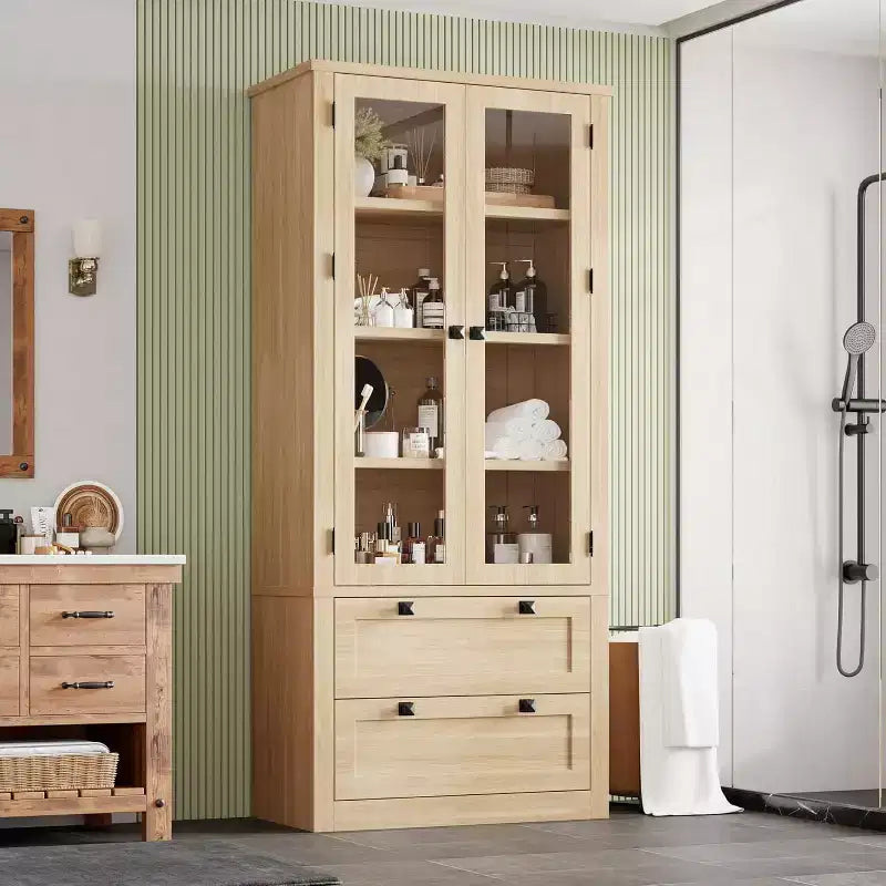 Armoire de rangement de cuisine style champêtre avec portes vitrées, meuble de rangement de 72 pouces avec tiroirs et étagères réglables pour la salle à manger, la salle de bains ou le salon