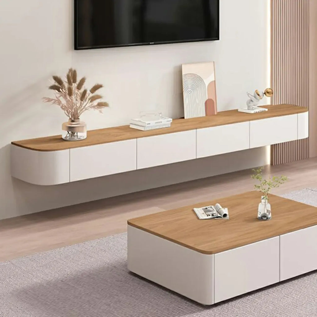 Moderner langer weißer schwebender TV-Schrank aus Holz mit Schubladen