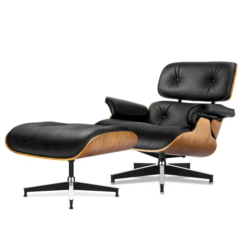 Fauteuil lounge d’appoint Furgle en cuir véritable avec pouf, bois de noyer