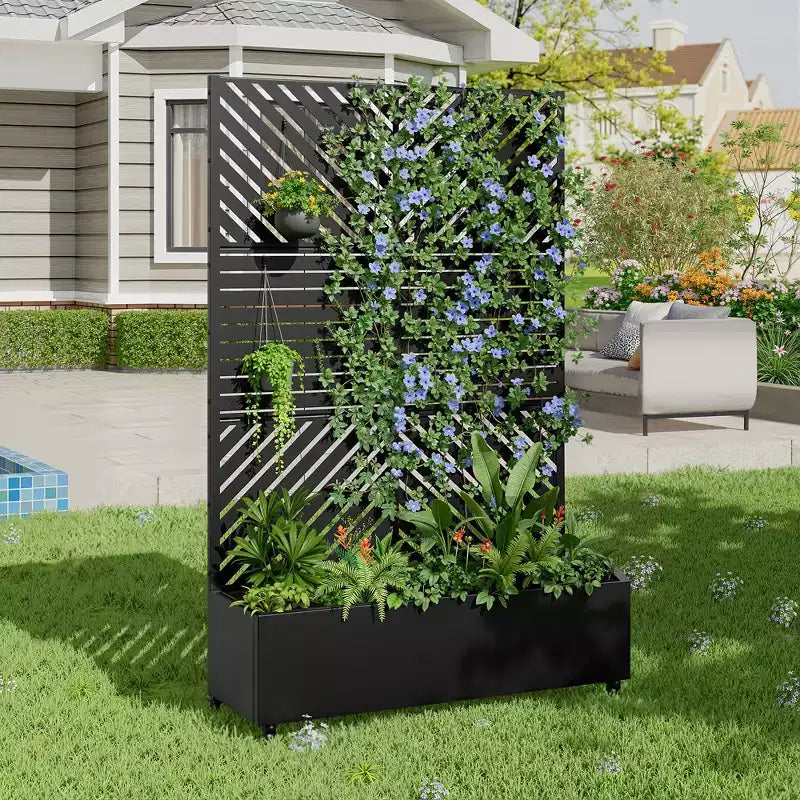 Jardinière MAYEERTY avec treillis, fer noir, lignes parallèles 01, style classique à persiennes combiné, 72x47x16 po, ensemble de 3 pièces