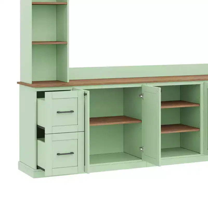ModernLuxe 4-in-1-Farmhouse-Entertainment-Center als Wandeinheit, passend für Fernseher bis 70, TV-Ständer und Medienkonsole mit verstellbaren Regalen und Schubladen