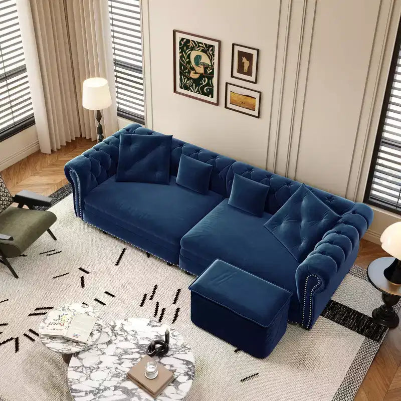 Hareketli puflu, kapitone tasarımlı Whisen kadife 3'ü 1 arada King Size açılır yataklı kanepe ve dönüştürülebilir çekyat