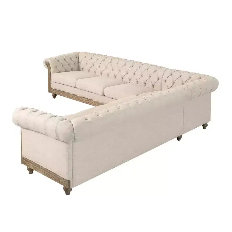 Grote retro-hoekbank Mirod met houten poten, comfortabel modulair ontwerp voor de woonkamer, lounge en gezinsruimtes