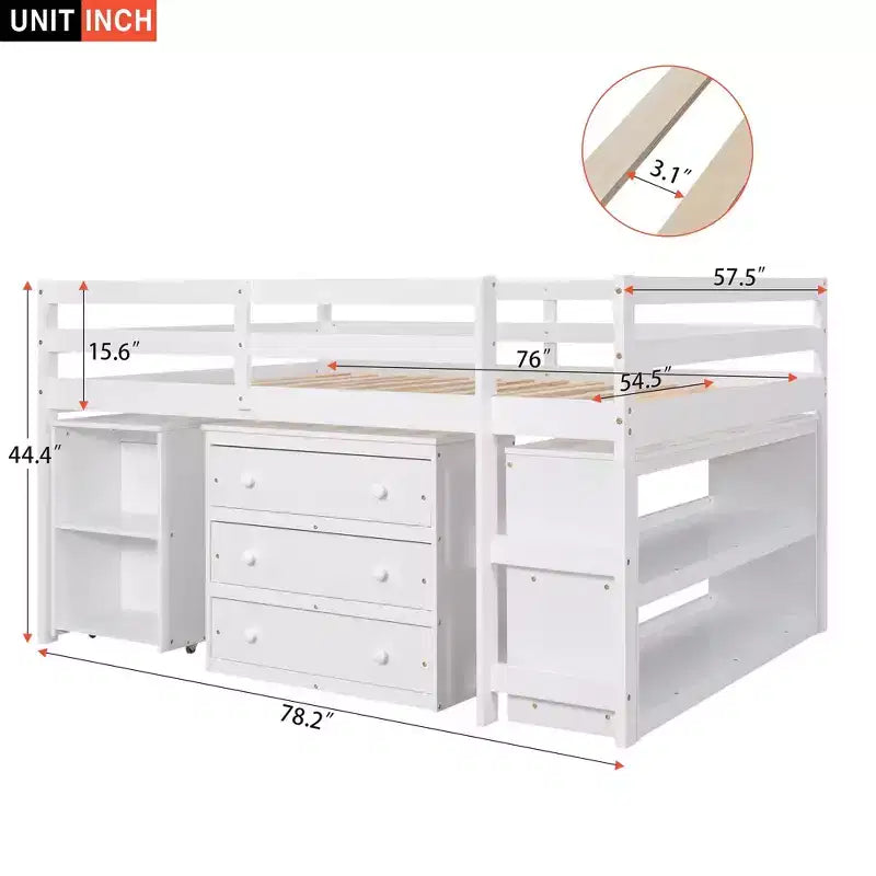 Lit mezzanine bas 2 places avec bureau coulissant, 3 tiroirs et étagères