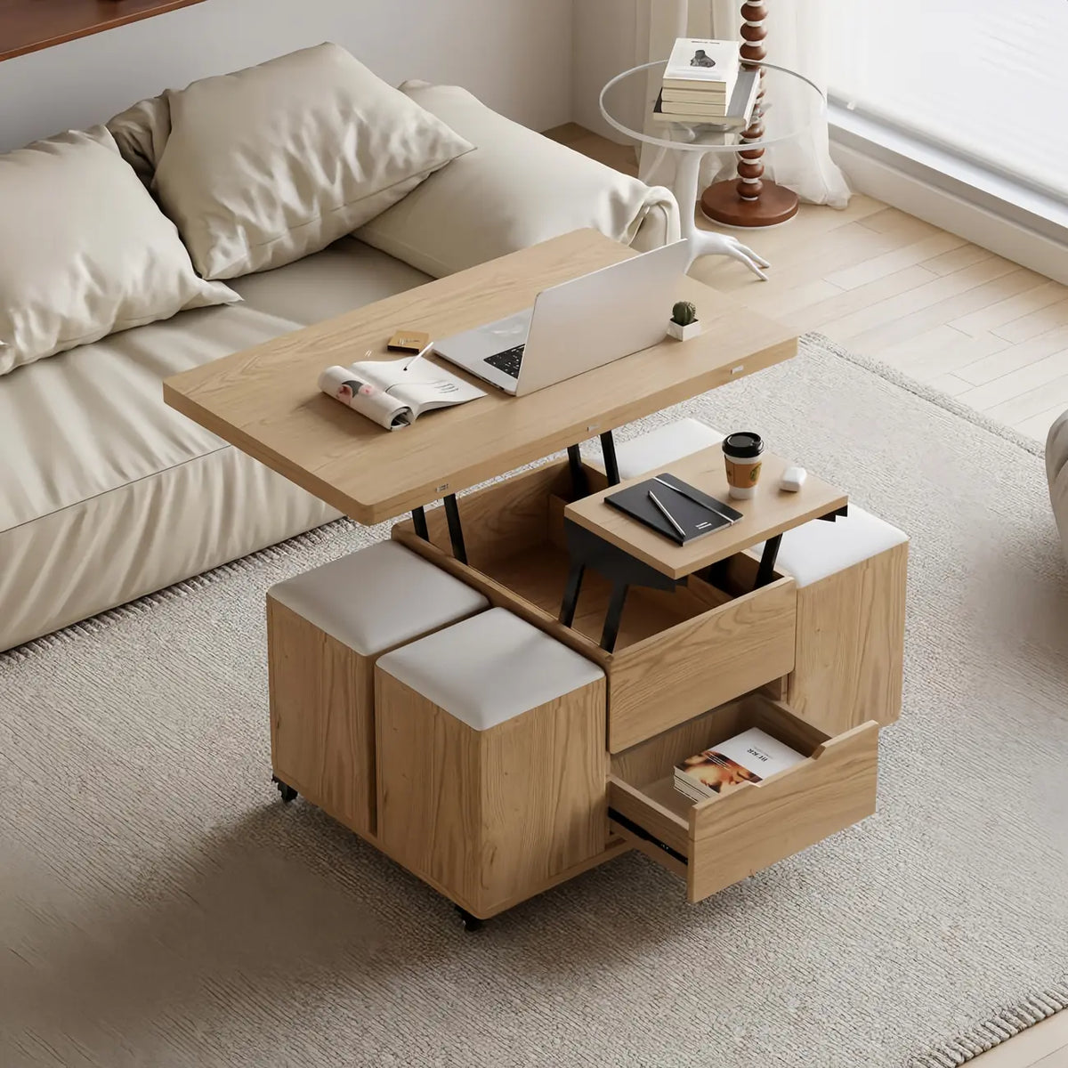 Table basse pliable à plateau relevable avec 4 tabourets et espace de rangement