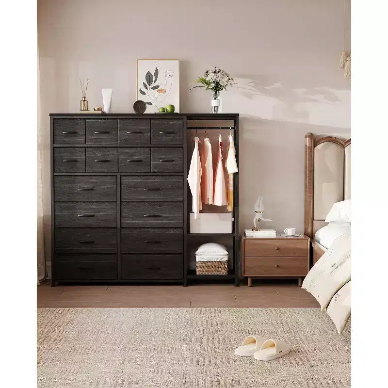 Commode avec 16 tiroirs, tringle et étagères, organisateur de rangement en tissu pour chambre, dressing ou entrée