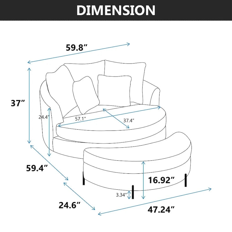Fauteuil tonneau moderne rond avec 5 coussins et pouf en option