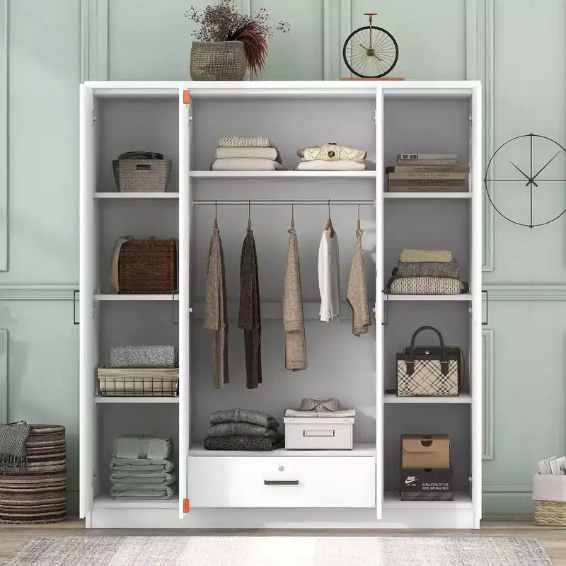 Armoire-penderie en bois à 4 portes avec tringle, 1 tiroir et étagères de rangement