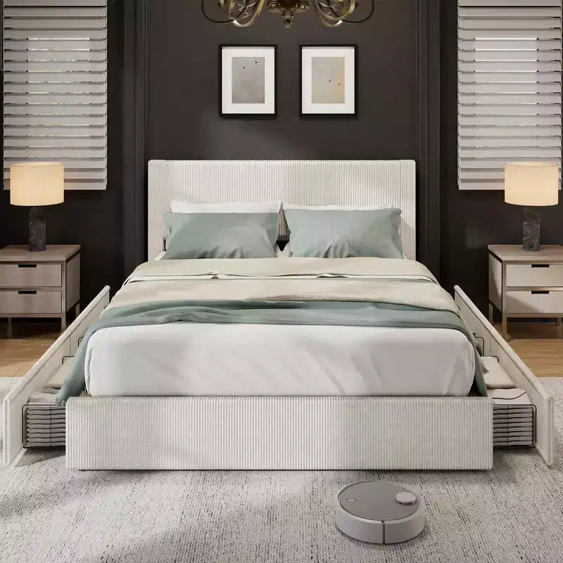 CuisinSmart corduroy bedframe met hoofdbord, gestoffeerd platformbed met 4 opbergladen en houten lattenbodem