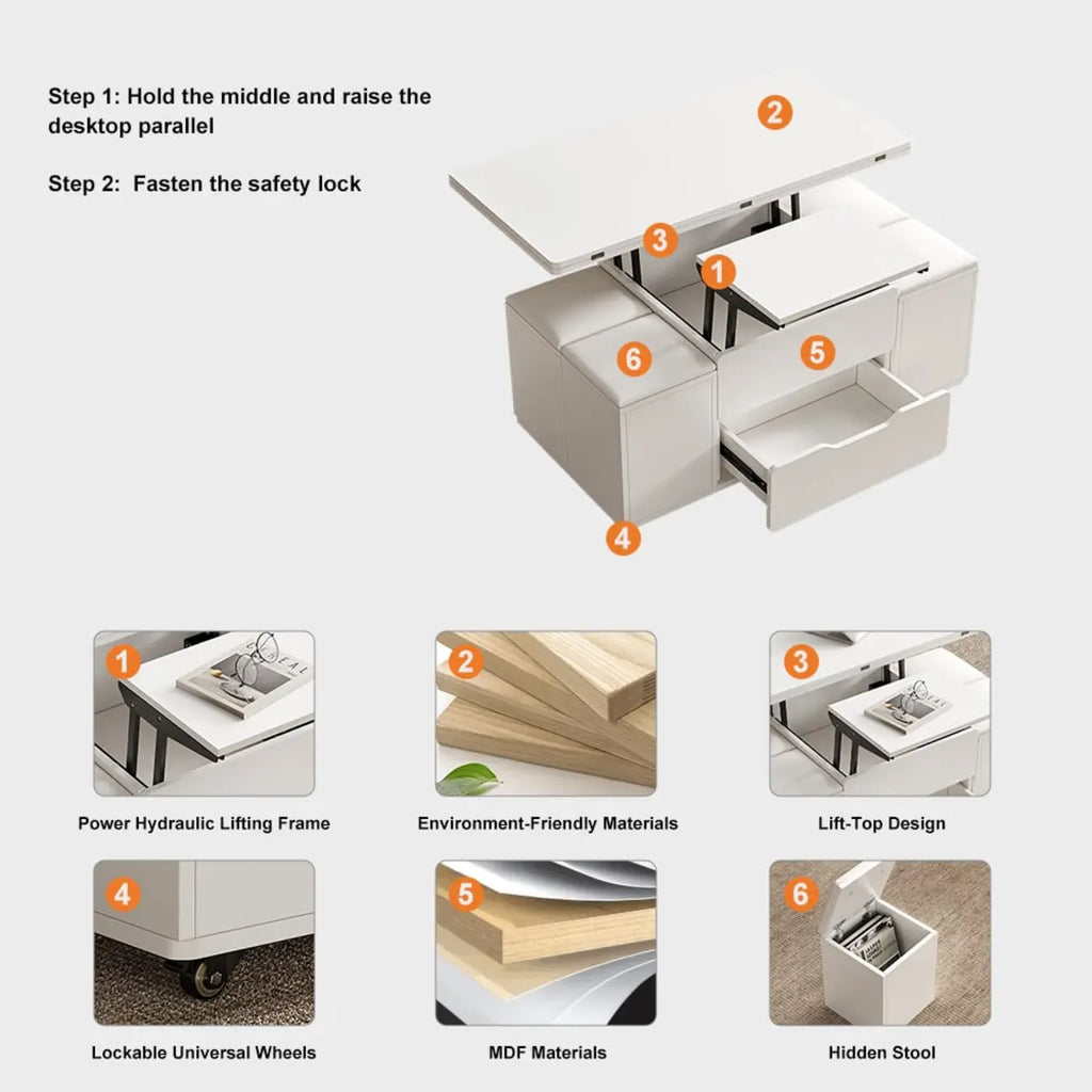 Table basse pliable à plateau relevable avec 4 tabourets et espace de rangement