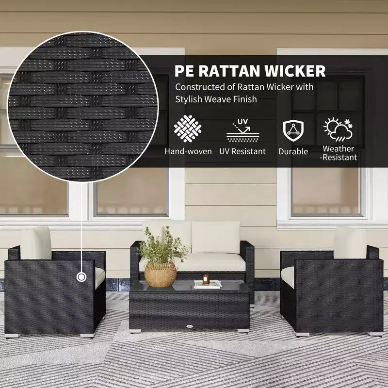 4-delige rotan loungeset, rieten terrasbankstel met loveseatstoelen en salontafel met glazen blad voor de tuin