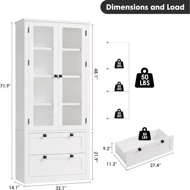 Armoire de rangement de cuisine style champêtre avec portes vitrées, meuble de rangement de 72 pouces avec tiroirs et étagères réglables pour la salle à manger, la salle de bains ou le salon