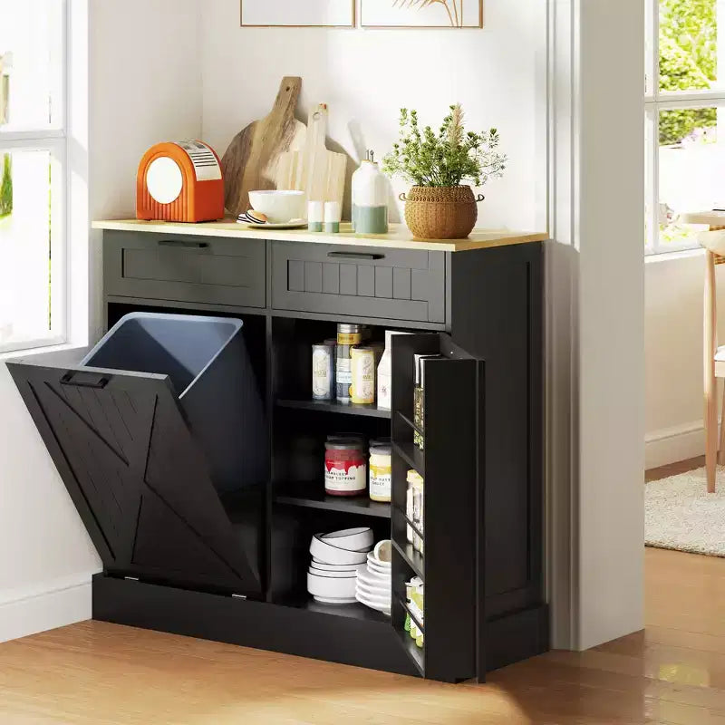 Meuble poubelle basculant HOMCOM avec tiroirs, meuble de cuisine style maison de campagne avec poubelle dissimulée pour la cuisine