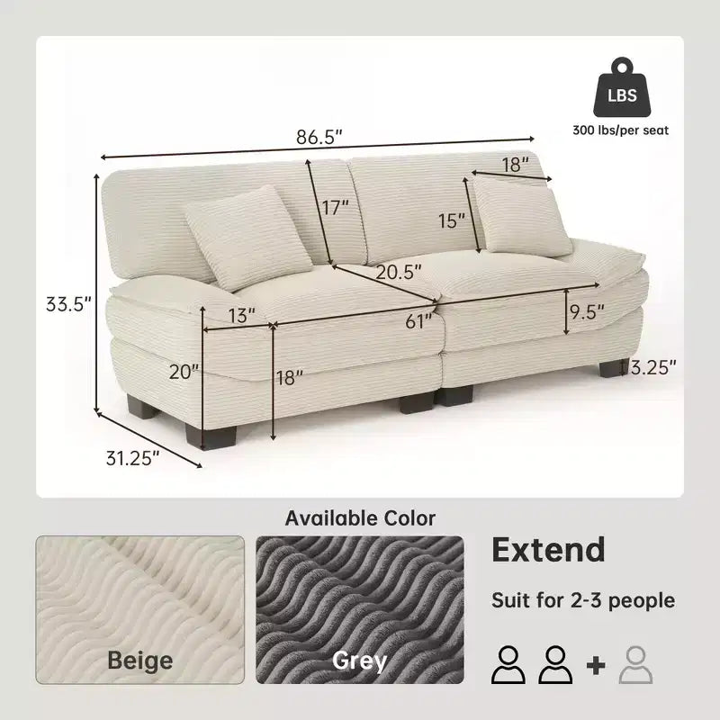 Beiges 87'-Cordsofa mit 2 Kissen, tiefes Sofa in Segelbootform für Wohnzimmer, kleine Räume, Büro oder Wohnung – Morden Fort