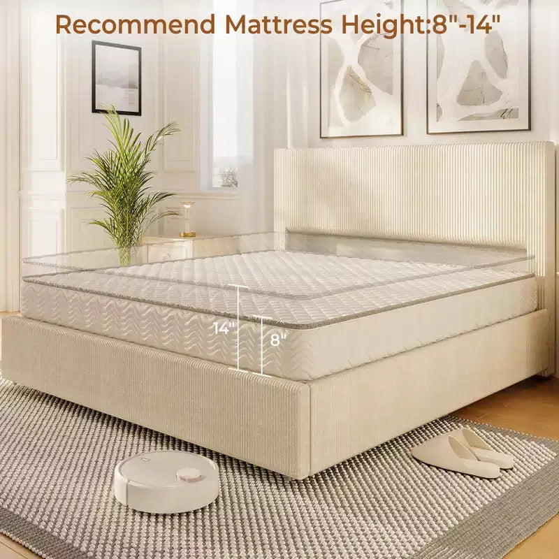 CuisinSmart corduroy bedframe met hoofdbord, gestoffeerd platformbed met 4 opbergladen en houten lattenbodem