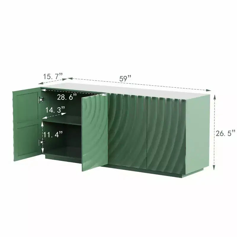 59 moderner Spiralen-Sideboard-Schrank, niedriges dekoratives Aufbewahrungsmöbel für den Eingangsbereich mit Türen in 3D-Wellenoptik