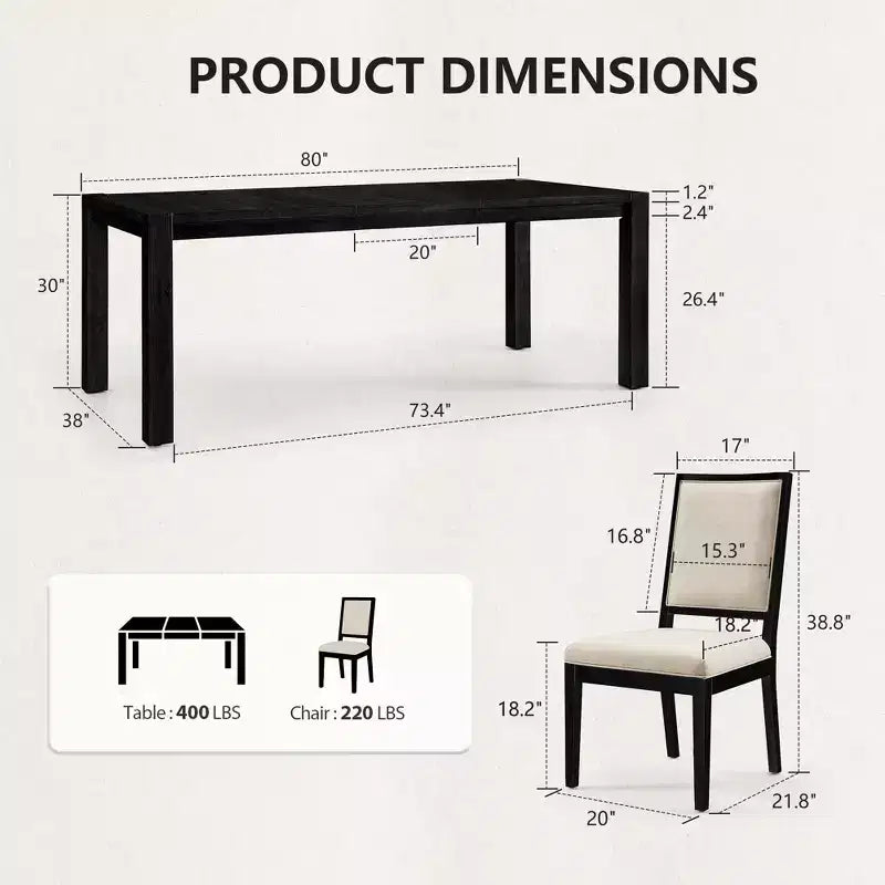Moderne eetset - tafel van 80 + 6 stoelen met kussens, frame van massief hout, tafel draagvermogen van 400 lbs, eenvoudige montage