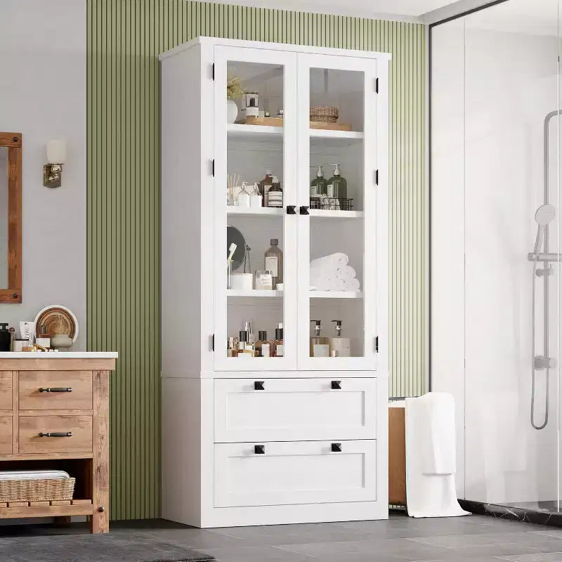 Armoire de rangement de cuisine style champêtre avec portes vitrées, meuble de rangement de 72 pouces avec tiroirs et étagères réglables pour la salle à manger, la salle de bains ou le salon