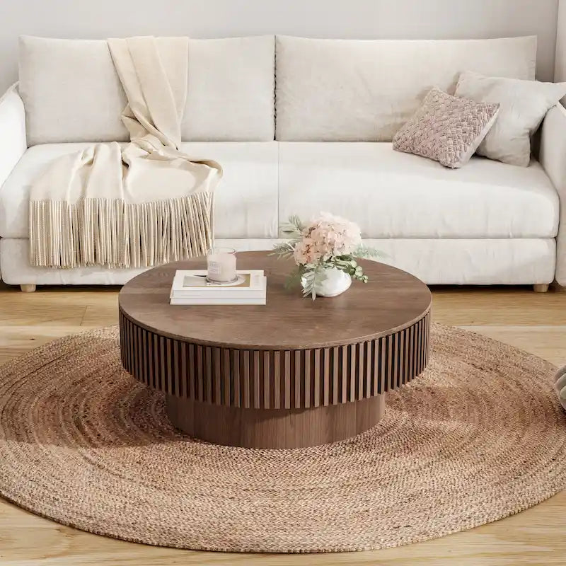Table basse ronde moderne en bois massif plaqué avec rangement