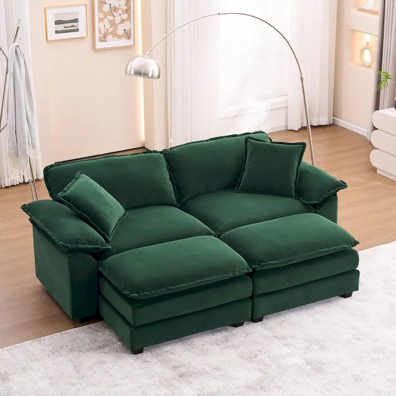 Zweisitzer-Sofa mit 2 Sitzkissen, 2 Kissen und 2 Hockern, bequemes Sofa – tiefes Wohnzimmer-Sofa, modulares Sofa
