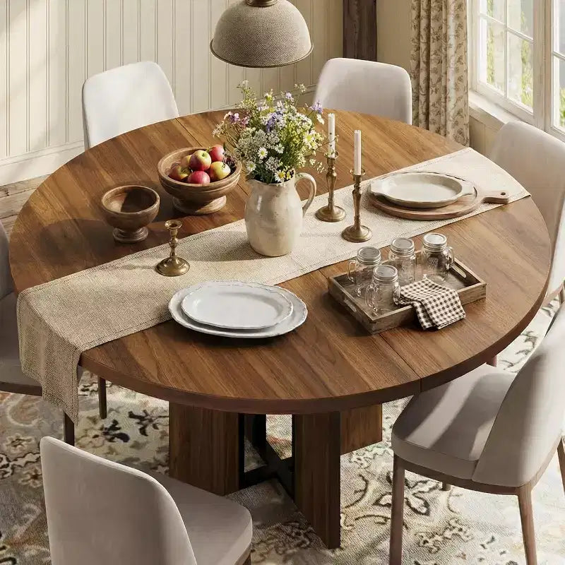 Ausziehbarer runder Esstisch, 47–63 Zoll, für 4–8 Personen, ausziehbarer Küchen- und Esstisch aus Holz im Landhausstil mit Metallgestell, oval, platzsparend für Wohnungen, Retro-Grau