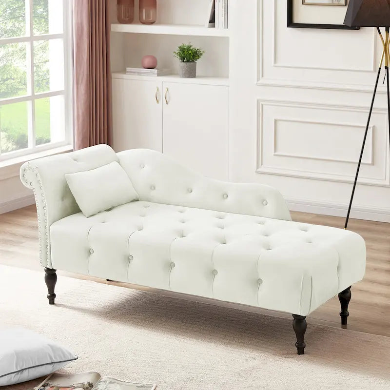 Chaise longue moderne de 60,6 po, revêtement en velours, boutons capitonnés, pieds en bois massif et clous décoratifs