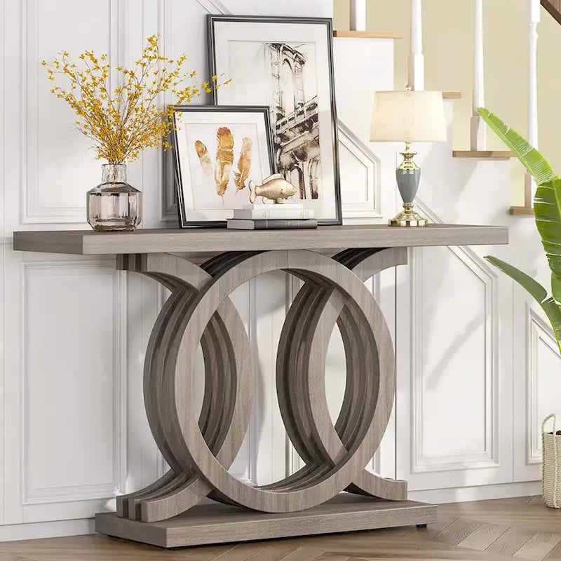 Vintage consoletafel met geometrisch onderstel, houten haltafel