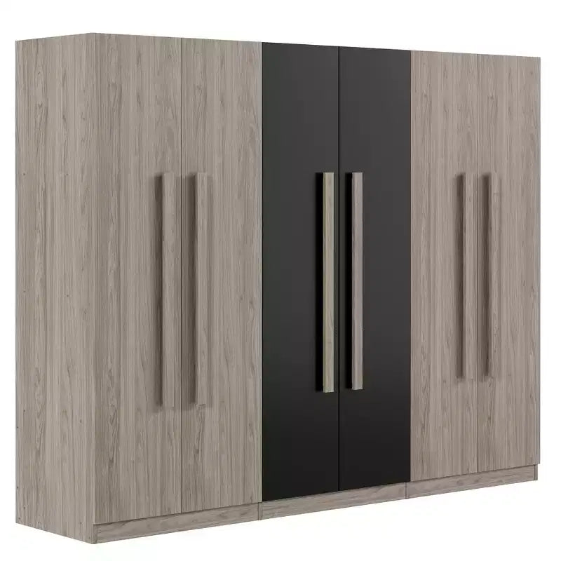 Armoire-penderie 83W à 6 portes, meuble de rangement pour vêtements avec 2 tiroirs, tringles et étagères de rangement, noir et naturel – ModernLuxe