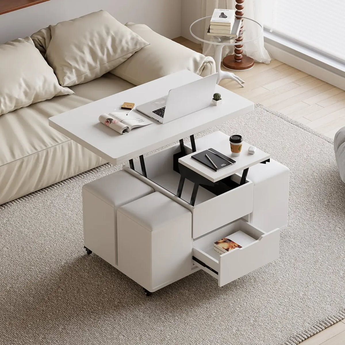 Table basse pliable à plateau relevable avec 4 tabourets et espace de rangement