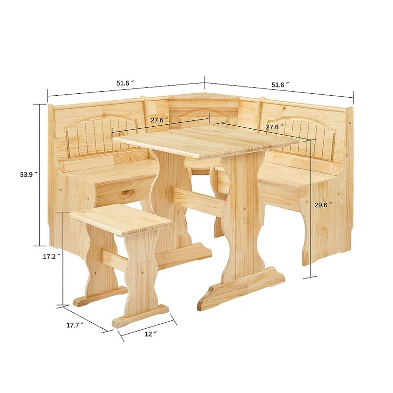 Ensemble de coin repas 3 pièces MUSEHOMEINC de style traditionnel en bois massif, avec banc latéral et rangement dissimulé