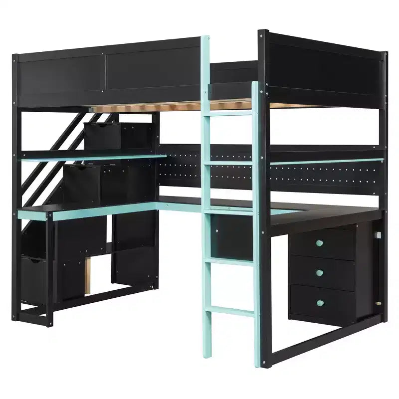 GDFStudio Scott Holz-Hochbett zum Spielen mit Stauraumtreppe, Schreibtisch, Regalen und Lochwand