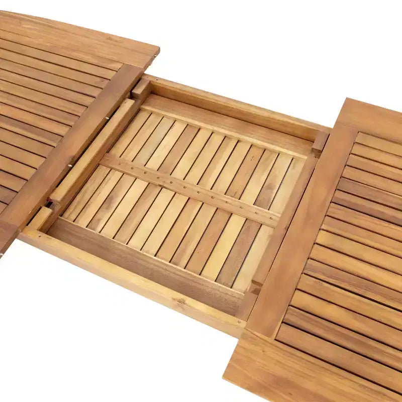 Set da pranzo da patio esterno espandibile, 7 pezzi, con sedie impilabili e tavolo in legno di acacia