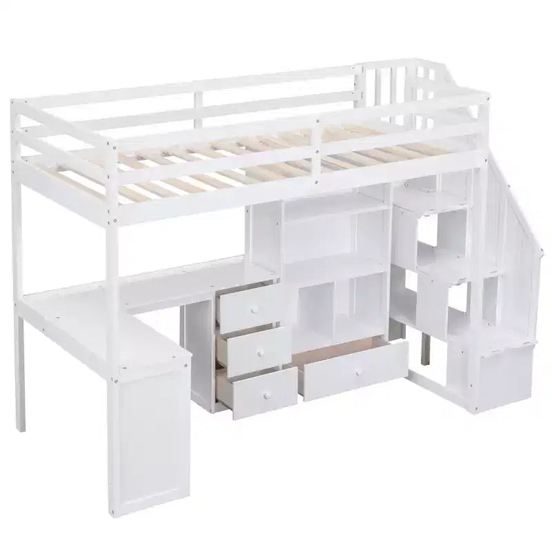Hochbett in Twin-Größe mit L-förmigem Schreibtisch, 3 Schubladen, Schrank und Stauraum in der Treppe, Konstruktion aus massivem Kiefernholz/MDF